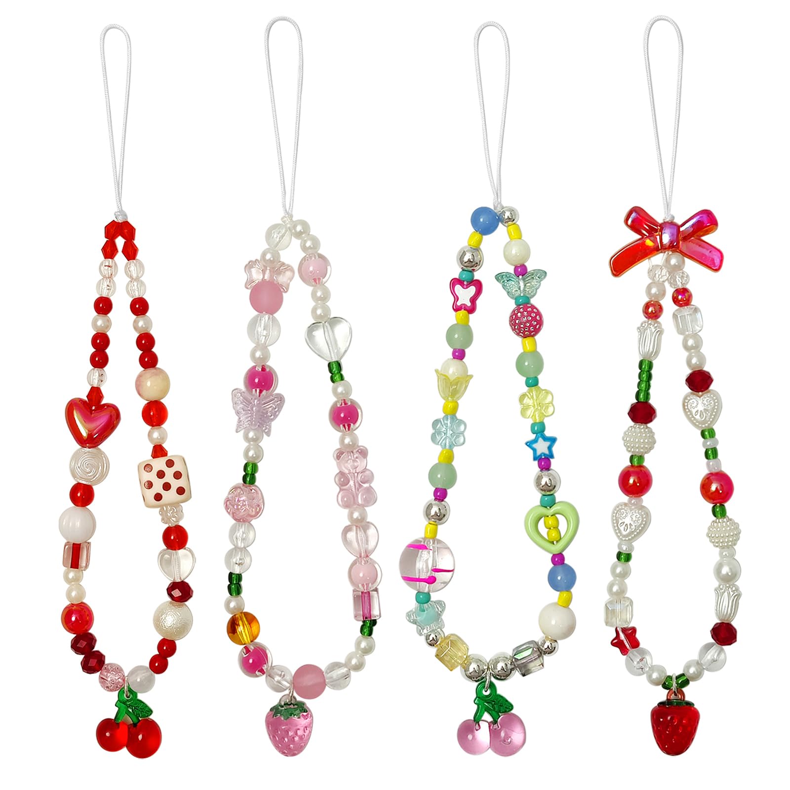 4 Pieces Cute Phone Charms Beaded Phone Strap Aesthetic Y2K CellPhone Keychain Cute Bear Butterfly Heart Cool PhoneCharm for Bag Keychain Airpods Camera Pendants Decor (Cute Strawberry Cherry Sets)