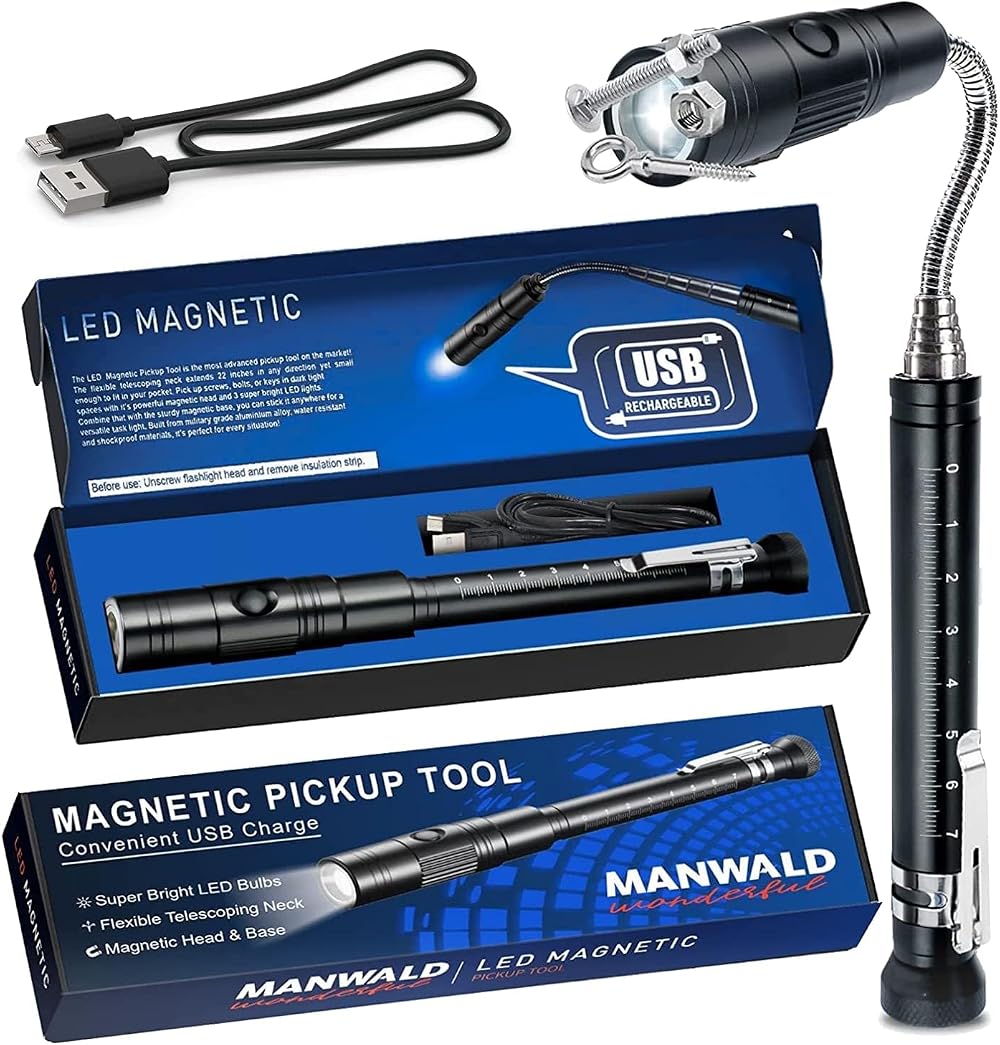 MANWALD Magnetic Flashlight Pickup Tool Extendable 8-24in USB Rechargeable