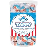 Fairtime Salt Water Taffy Individually Wrapped, 21 oz Tub (Pack of 1) | Summer Taffy Candy, Strawberry, Vanilla and Blue Raspberry - Patriotic Candy, 4th of July and Memorial Day Party Favors