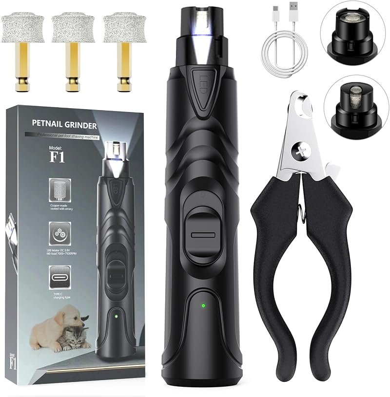 ETENTOUS Dog Nail Grinder Silent LED Light 2 Speed Pet Trimmer Black
