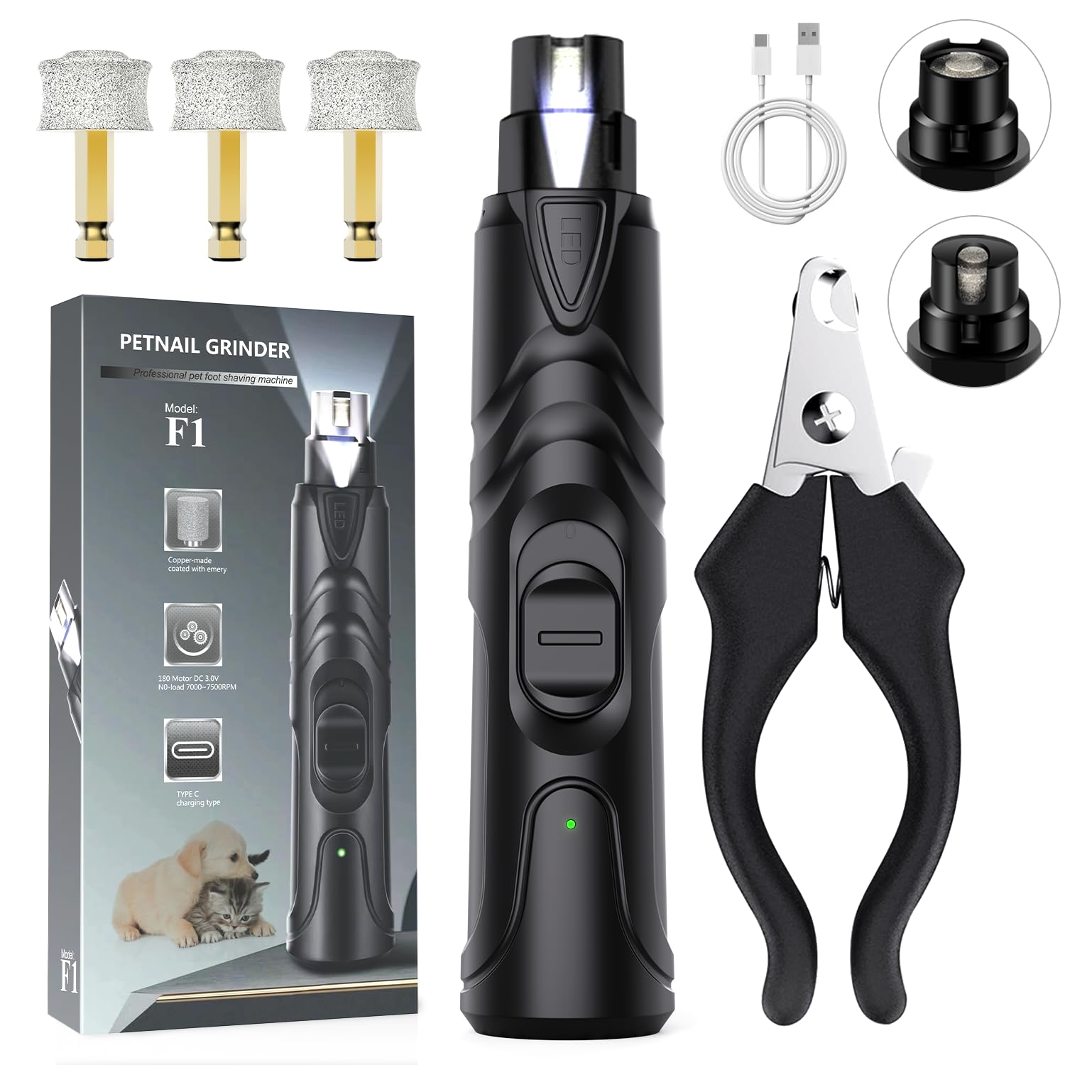 ETENTOUS Dog Nail Grinders, Professional Dog Claw Grinder Silent, Safe Dog Nail Trimmer with LED Light, Electric Pet Nail Grinder for Small Medium Large Breed Dog and Cat Nail File (Black)