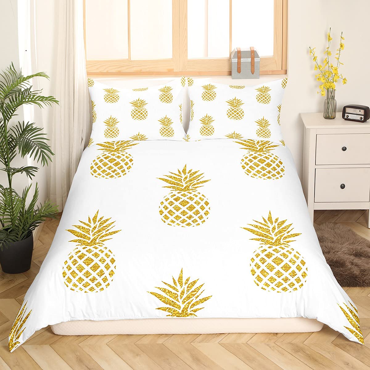 Loussiesd Boys Girls Duvet Cover Set Single for Kids Gold Pineapple Bedding Set 3D Pineapple Comforter Cover Tropical Fruit Bedspread Cover Soft Quilt Cover Digital Print Bed Cover Zipper White