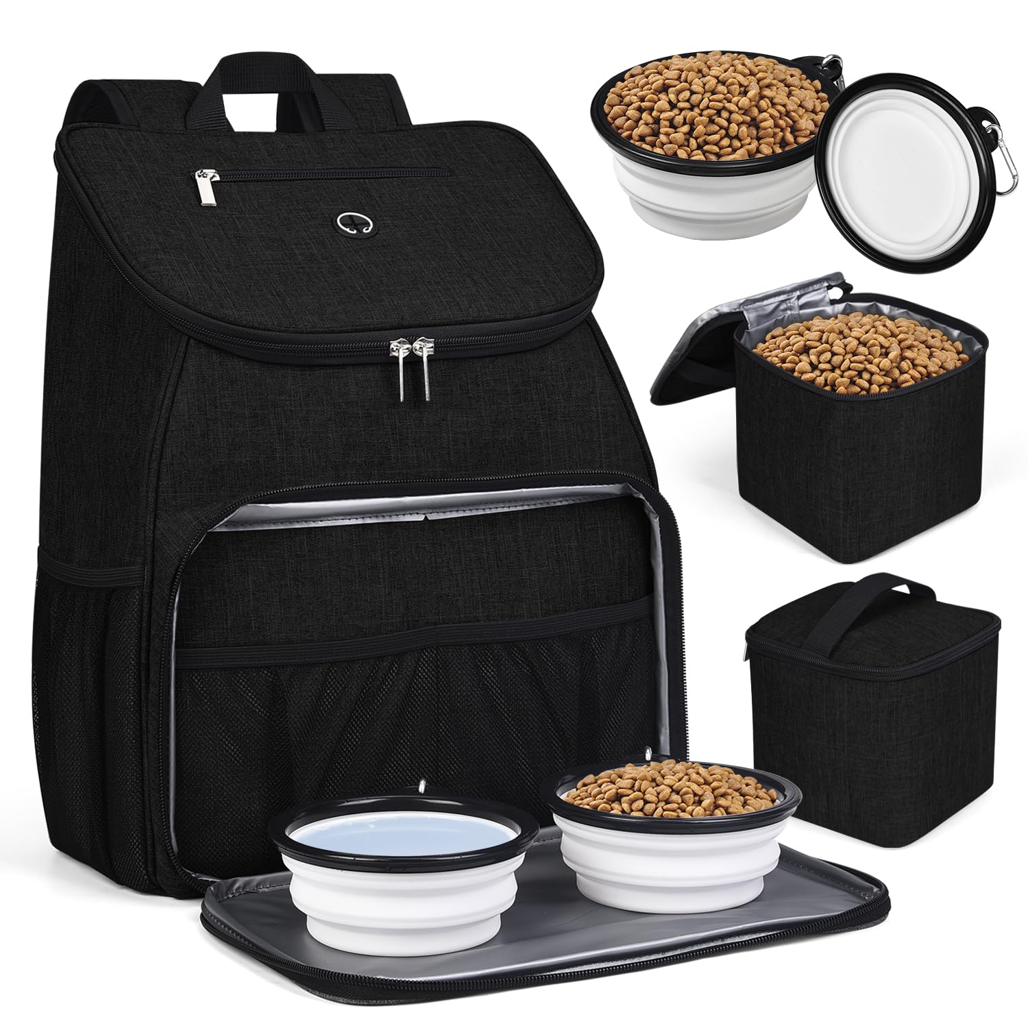 Photo 1 of BAGLHER?Dog Travel Bag, Airline Approved Pet Supplies Backpack, Dog Travel Backpack Accessories Set with 2 Silicone Collapsible Bowls and 2 Food Baskets. Black