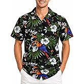 Mens Vintage-Hawaiian-Shirt Casual-Short-Sleeve Button-Down Cherry-Blossoms Parrot-Design