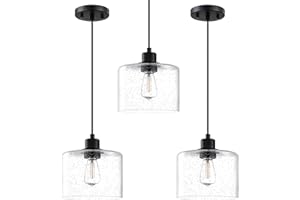 SEENMING HOUSE 3 Pack 1 Light Modern Kitchen Island Pendant Light 7.3 Inch Clear Seeded Glass Black Finish Pendant Lamp,Farmhouse Hanging Light Fixture for Kitchen Island Dining Room Bedside