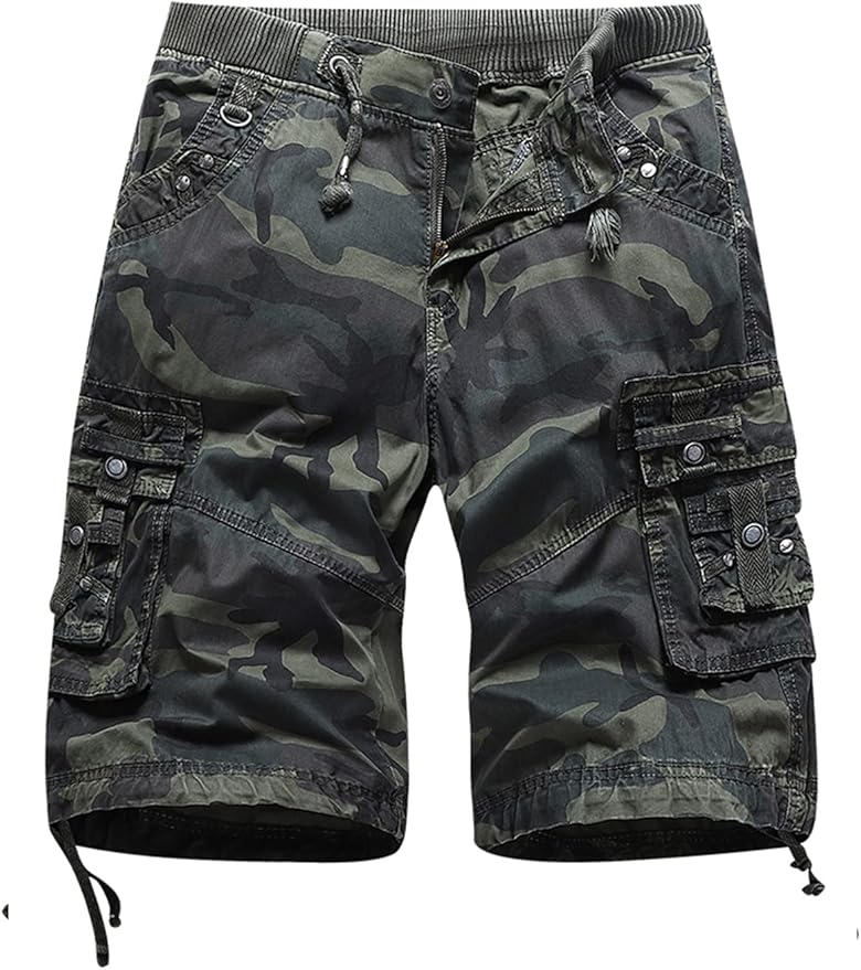 CAMLAKEE Mens Camo Shorts Elastic 3/4 Cargo Short Men's Combat Work