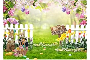 LTLYH 8x6ft Spring Easter Floral Bokeh Backdrop Photo Decorations Background With Rabbit, Colorful Eggs, Fence, Grass Wall Decor Photography Background 172