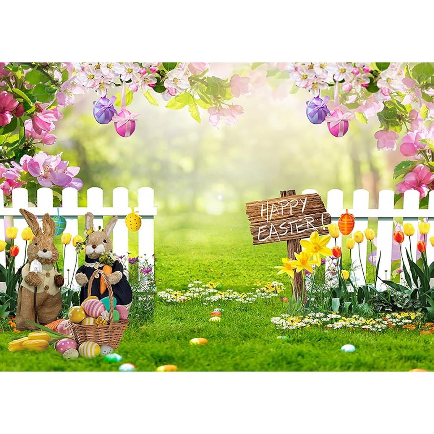 Photo 1 of LTLYH 8x6ft Spring Easter Floral Bokeh Backdrop Photo Decorations Background With Rabbit, Colorful Eggs, Fence, Grass Wall Decor Photography Background 172