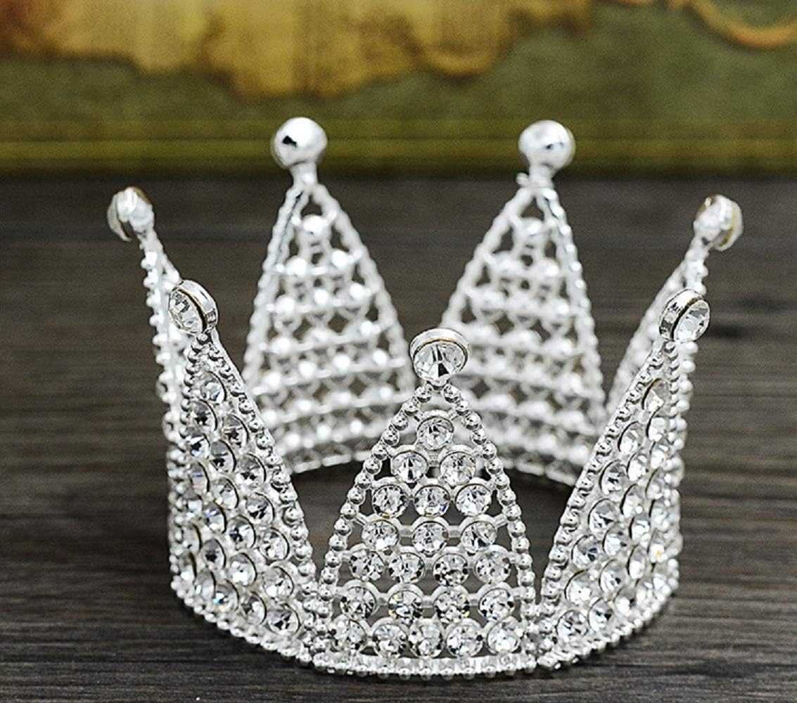 Ambari Mini Crown Cake Topper Decoration - Crystal Princess Tiara for Girls, Fairytales Costume, Prom, Birthday, Bridal Shower, Gender Reveal Parties - Photography Props, Glitter Centerpieces - Silver