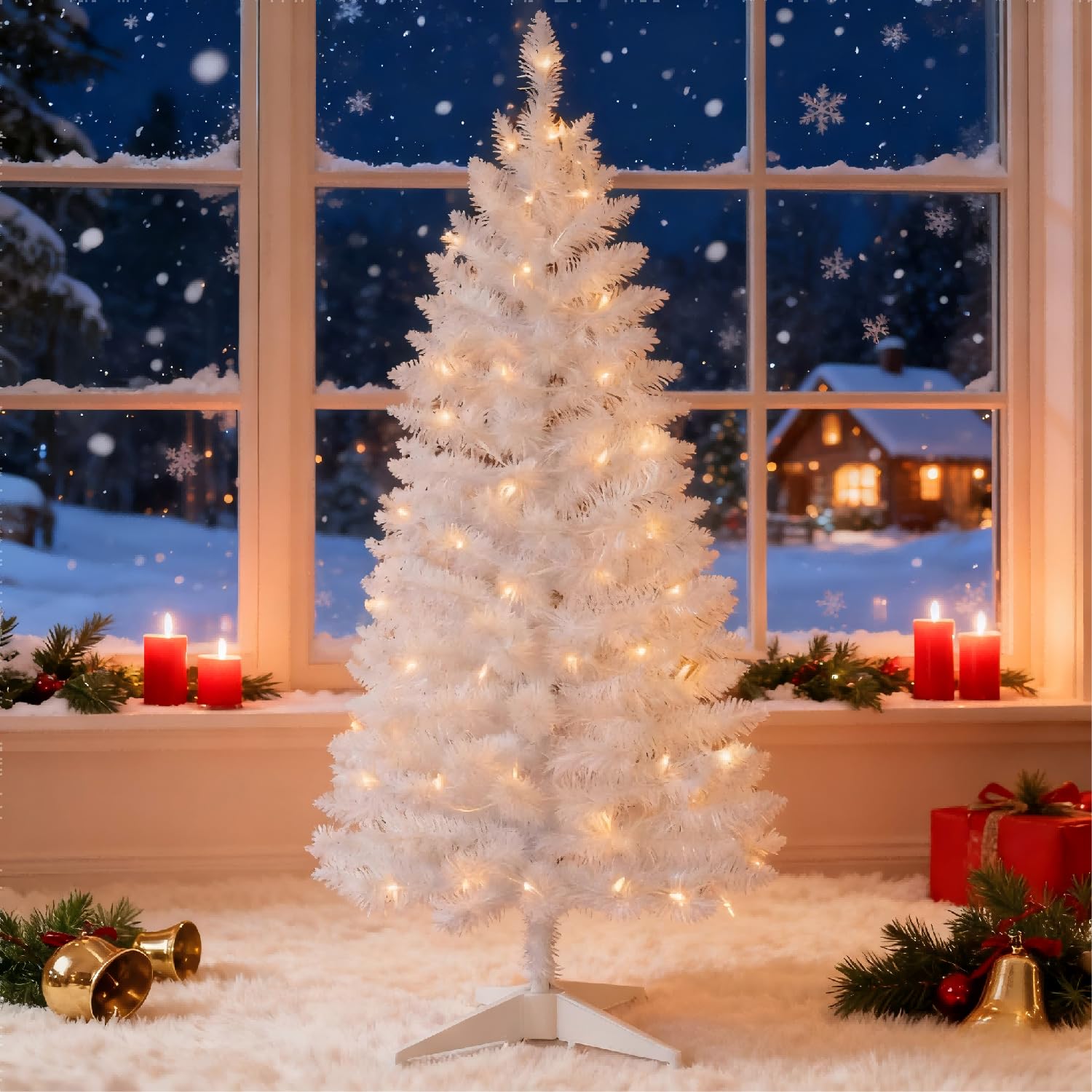 Photo 1 of **The photo and description are for reference only.**Waikiizyu 4ft White Christmas Tree with Lights, Small Artificial Lighted Christmas Trees, Not Pre-lit Xmas Tree, Indoor Christmas Decorations for Home, Office, Party Décor