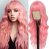 MINSEEYOO Pink Wig with Bangs for Women Long Pink Wavy Wigs 26 Inch Natural Looking Heat Resistant Synthetic Wig for Daily Party Use