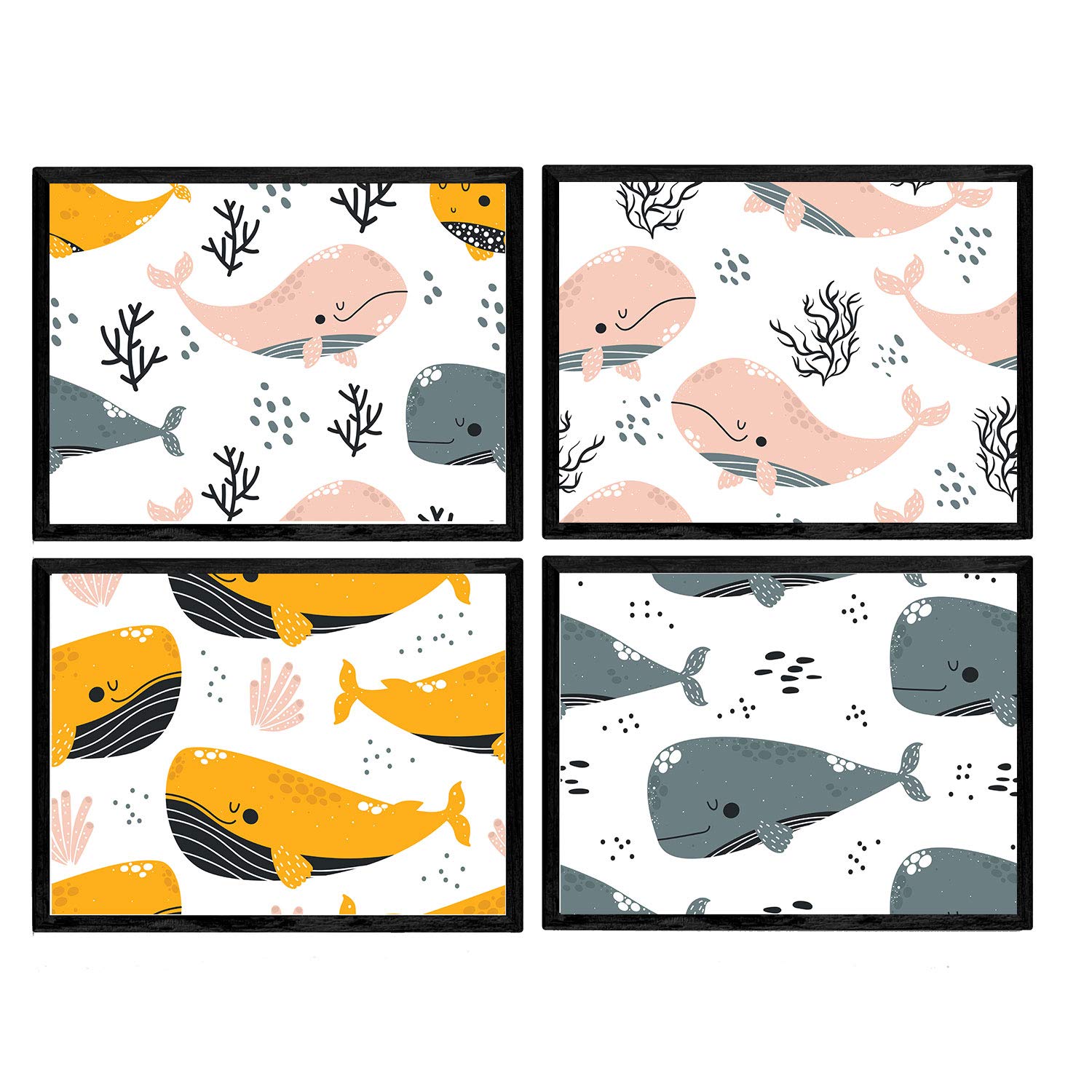 Nacnic Pack of four posters with pictures of whales. Leaves with children pictures of whales. Pink, orange grey whale. A3 size without frame