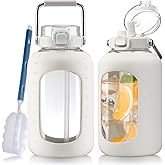 WINSA Large Glass Water Bottles with Stainless Steel Handle,100 oz Gallon Drinking Bottle with 2-in-1 Straw Lid,3 Liter Glass Water Jug with Silicone Sleeve,Wide Mouth,White