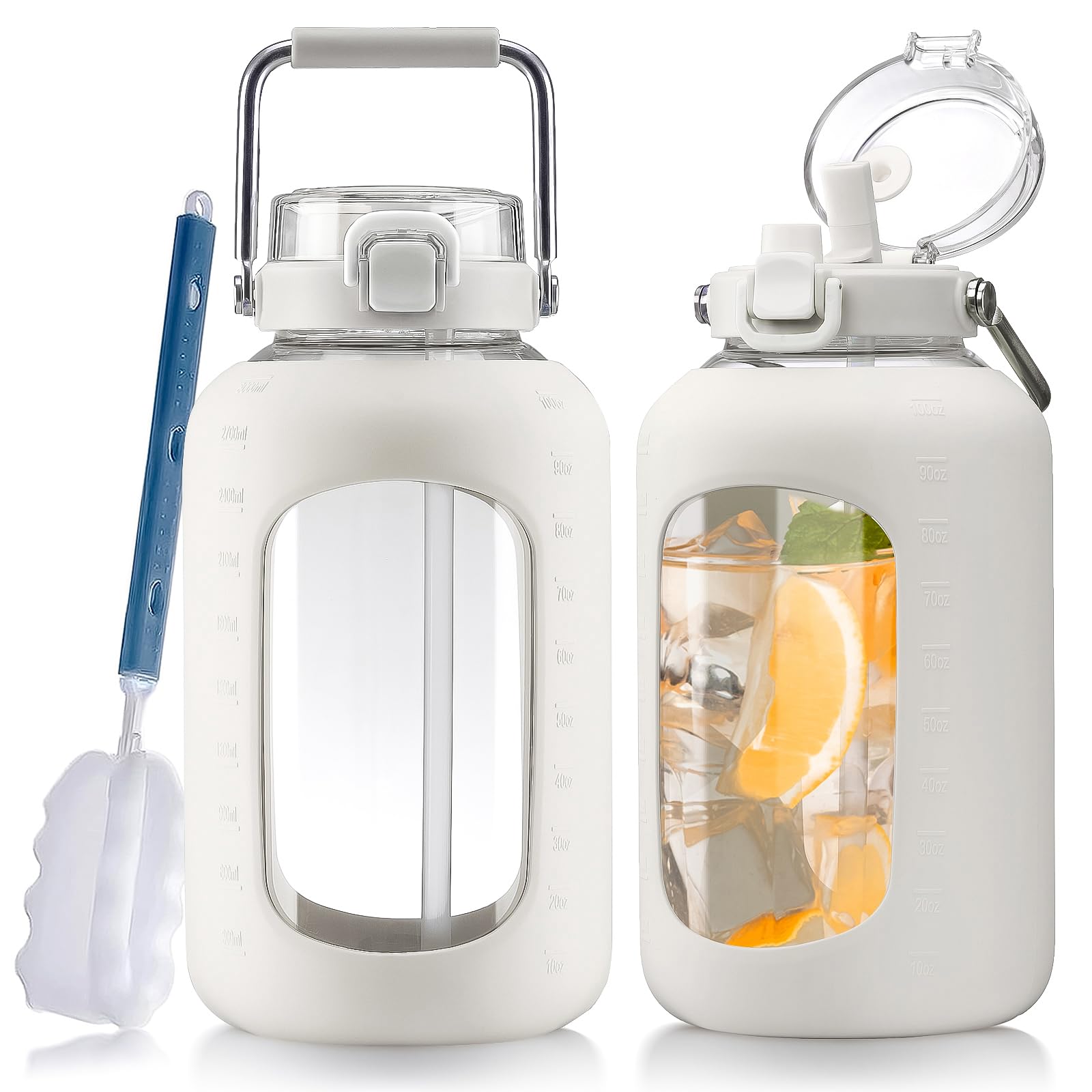 Photo 1 of WINSA Large Glass Water Bottles with Stainless Steel Handle,100 oz Gallon Drinking Bottle with 2-in-1 Straw Lid,3 Liter Glass Water Jug with Silicone Sleeve,Wide Mouth,White