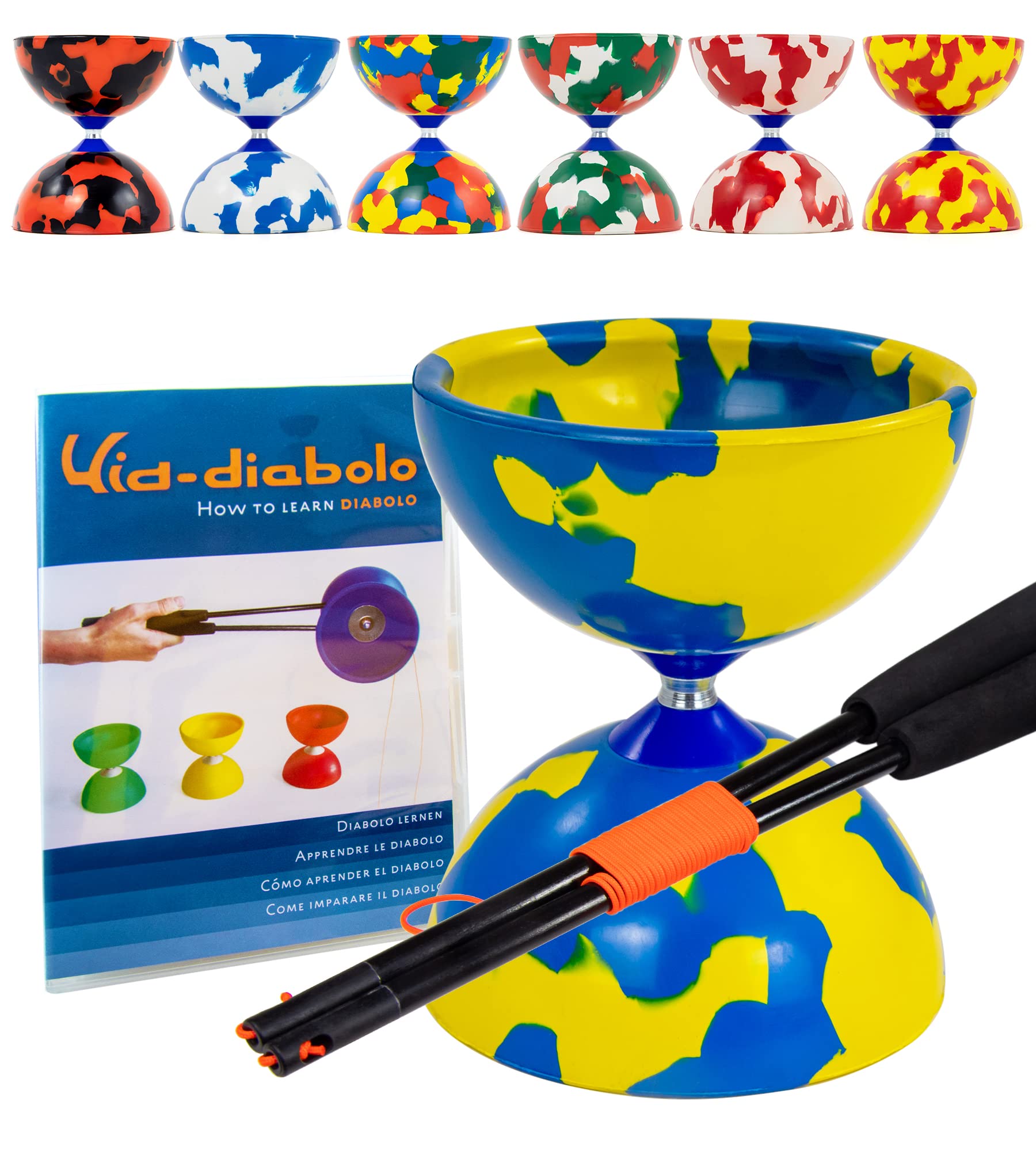 Juggle Dream Jester Diabolo Set - Fixed Axle Professional Diabolo with Super Glass Handsticks, Online Learning Video - Juggling Toy (Blue/Yellow)