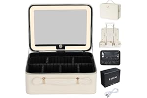 Faquenc Leather Makeup Case with LED Lighted Mirror 11.4 Inch Travel Makeup Bag Adjustable Brightness in 3 Colors Cosmetic Organizer Artist Storage Bag with Dividers Brush Holder Bag Vanity White