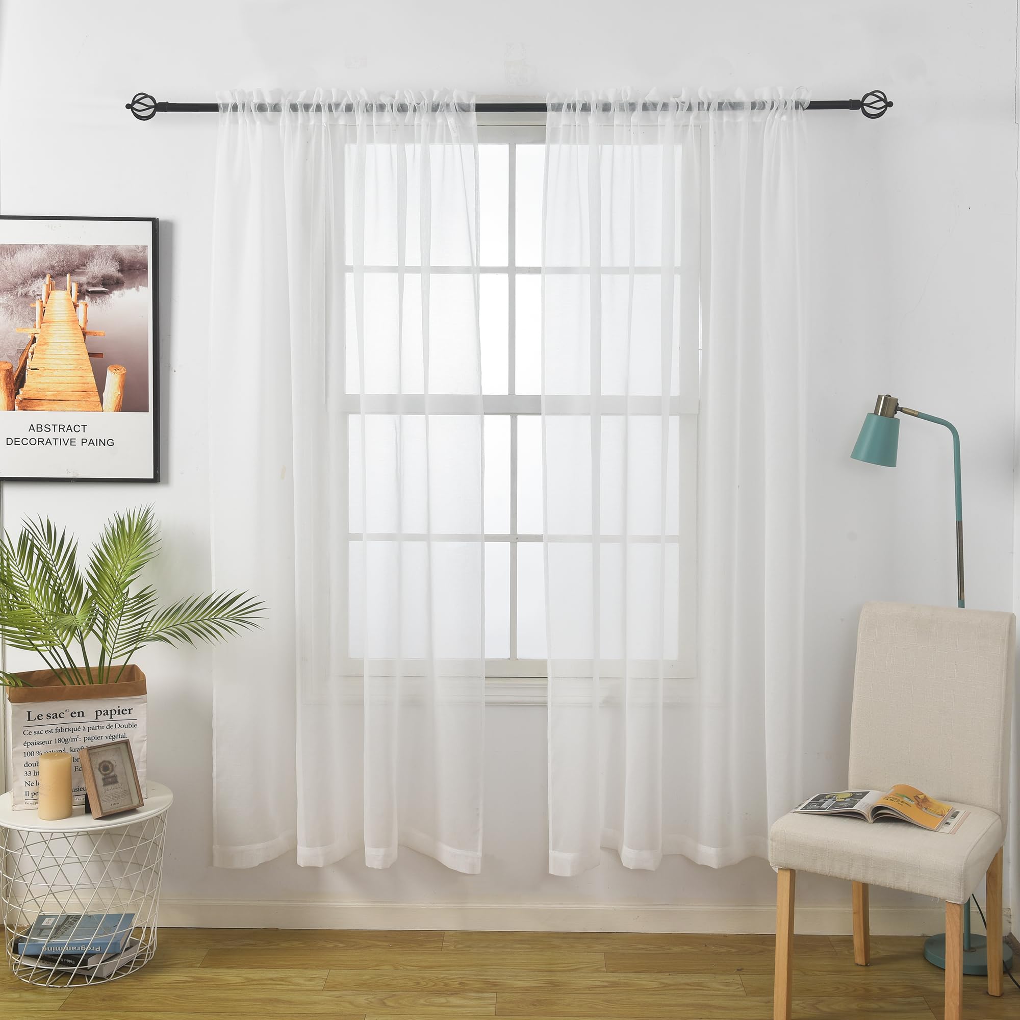 Aquazolax Net Curtains for Windows 90 Drop Rod Pocket Extra Large Semi Sheer Vertical Curtain Drapes Set of 2 with Adjustable Tiebacks, 54 inch Wide 137x228cm, White Voile