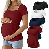 Huukeay 4 Pack Women's Maternity Shirts Cotton Ribbed Short Sleeve Square Neck Pregnancy Tops Side Ruched Summer Tee
