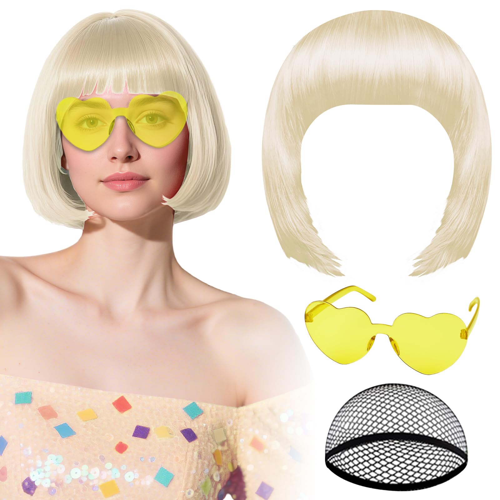 Photo 1 of PLULON Platinum Blonde Bob Wig with Heart Sunglasses Hair Cap, Colorful Short Bob Wigs Synthetic Party Wigs Funny Cosplay Hairpieces for Women Daily Bachelorette Halloween Costume Party Decorations