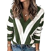 PRETTYGARDEN Sweaters for Women 2026 Long Sleeve Striped Knitted V Neck Pullover Jumper Tops Fall Outfits Fashion Clothing