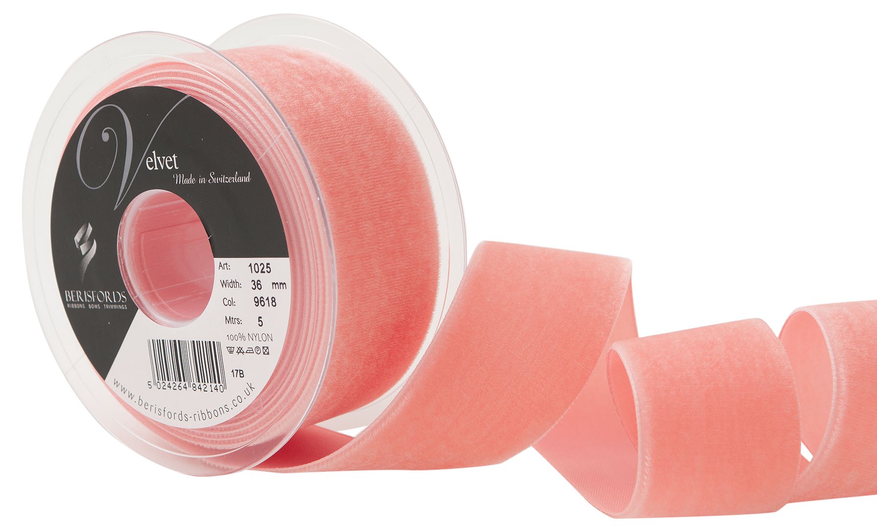 Berisfords Velvet Ribbon, Coral, 10.2 x 4.5 x 10.2 cm