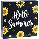 Summer Decor Summer Decorations for Home Wood Box Sign Rustic Sunflower Wooden Shelf Desk Decor Season Gifts 5.9 x 5.9 Inch