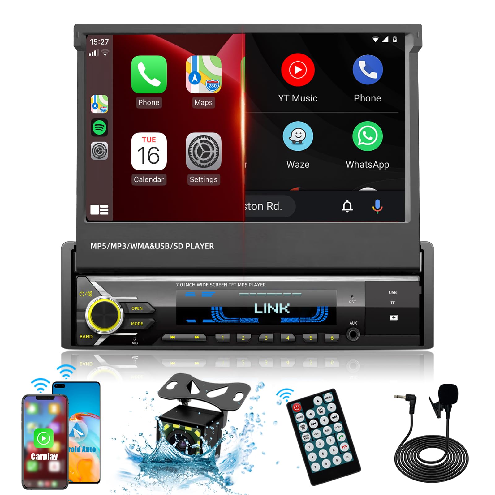 Photo 1 of [Upgrade] Single Din Car Stereo Player Compatible with Apple Carplay & Android Auto – 7 Inch Motorized Flip Out Touch Screen with Bluetooth| Mirror Link | HD Backup Camera | AUX | AM FM (Black)