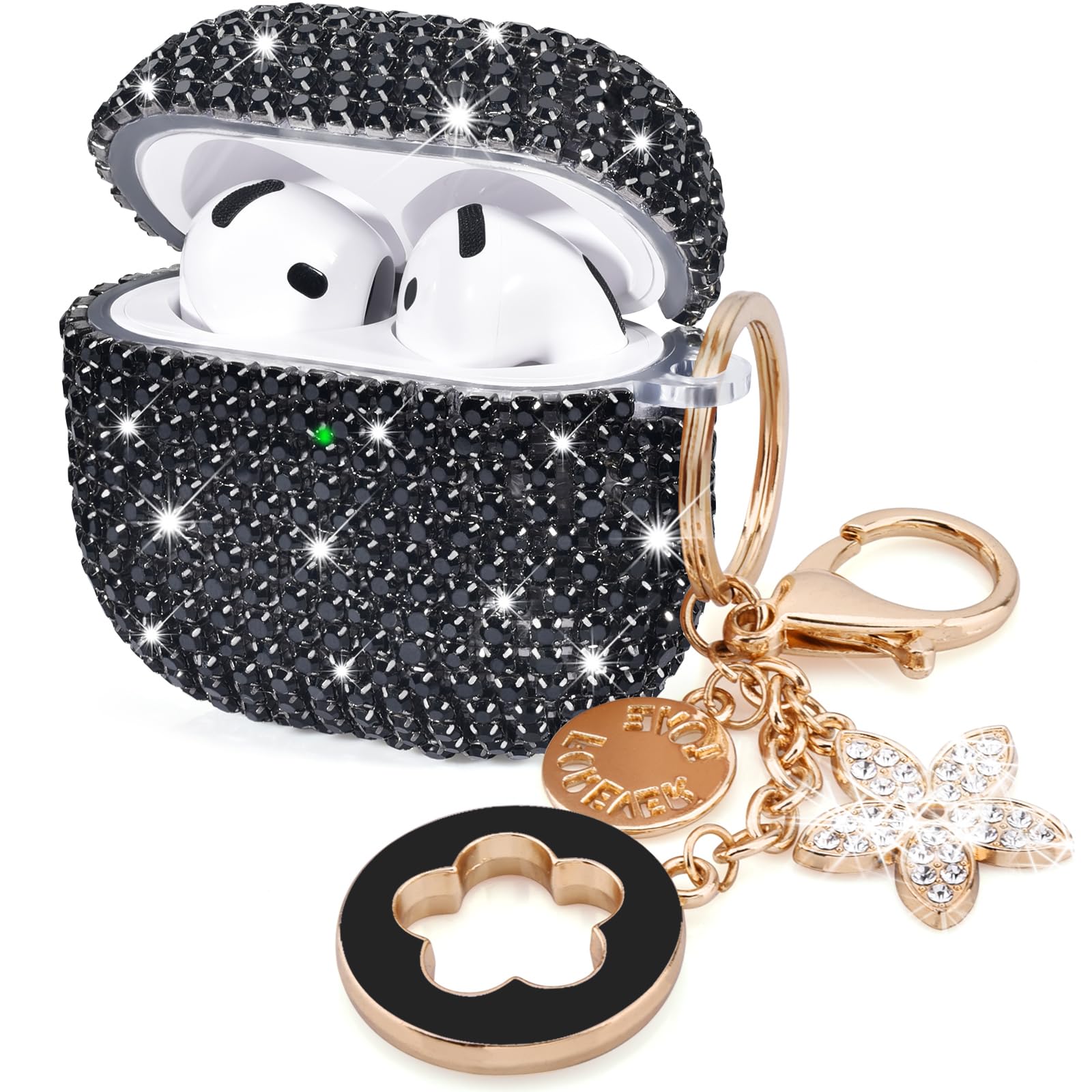 Photo 1 of VISOOM Cute Jewelry Cases for Airpods 4 Cases 2024 Cover Women, Sparkly Air pods 4 Gen Case Hard TPU Airpod Case 4th Generation Bling Glitter iPods 4 Case Keychain for iPods Earbuds Airpods 4th-Black