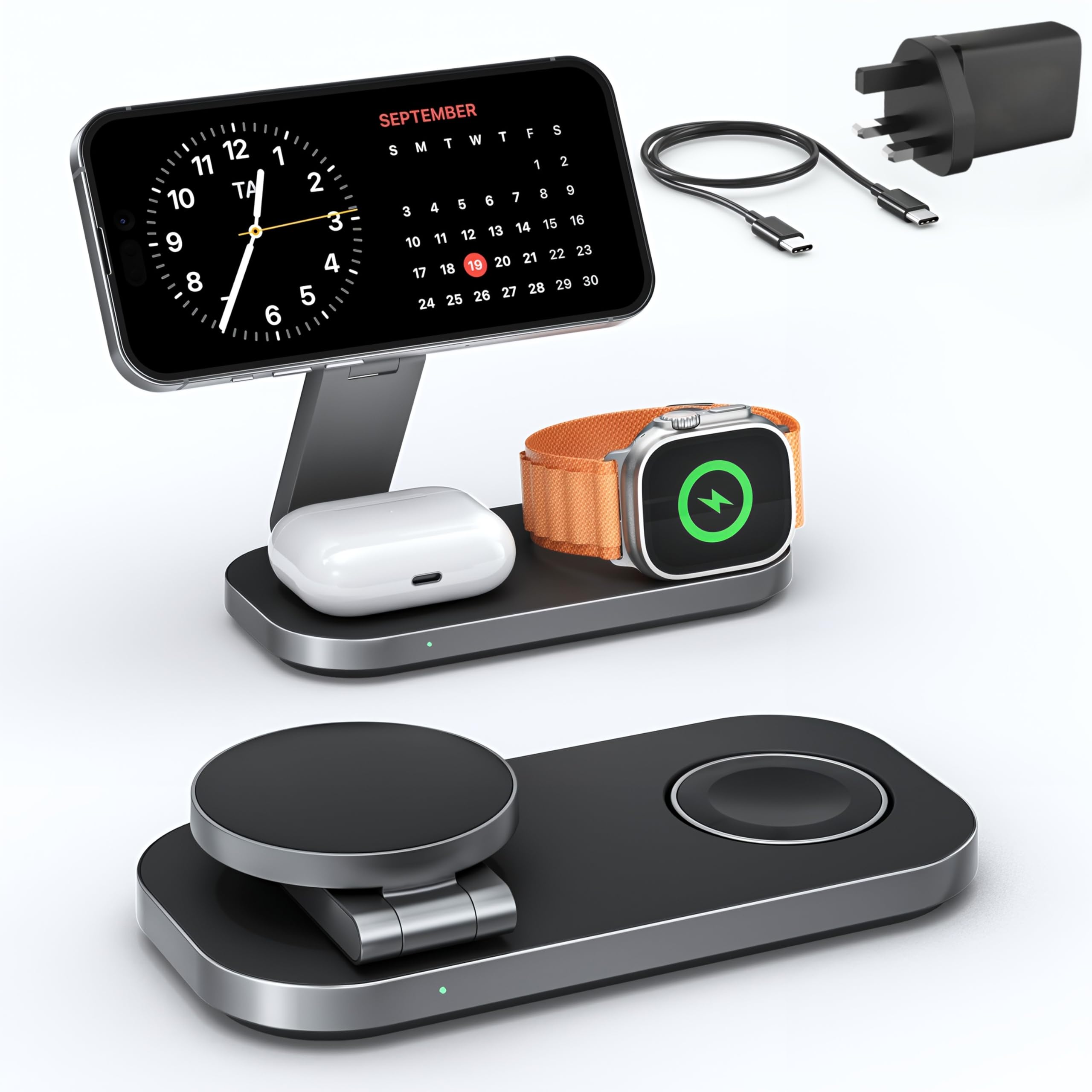 3 in 1 Wireless Charging Station - Foldable Wireless iPhone and Apple Watch Charger with AirPods Port | Travel-Ready iPhone Magsafe Charger Stand | Compact Fast Charge Stand | Adapter Included (Black)