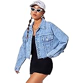 MakeMeChic Women's Casual Long Sleeve Raw Hem Jean Jacket Button Down Crop Denim Jacket