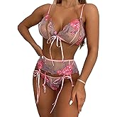 BIGFOX Lingerie Sets for Women Sexy Lace Floral Bra and Panty with Garter Belt 3 Piece Strappy Thong Underwear and Bras