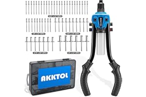 AKKTOL Rivet Gun Kit, 1/4" Pop Rivet Gun Kit with 210pcs Blind Rivets, Heavy Duty 13" Rivet Gun Tool with 5 Nosepieces incl. 3/16" & 1/8" for Metal, Gutter & Automotive
