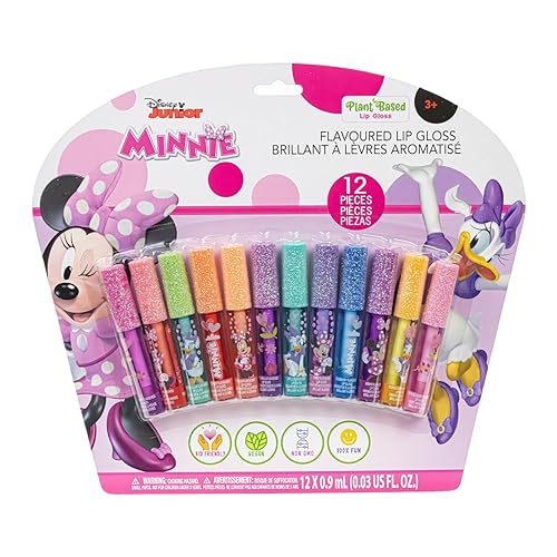Minnie Mouse 12 Piece Plant Based Lip Gloss, Girls Party Favours, First Makeup Set for Girl, Perfect for Parties, Sleepovers and Birthday Gifts, Ages 3+, by Townley Girl