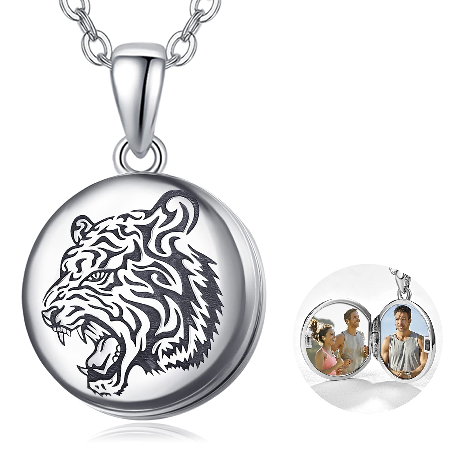 TANGPOET Locket Necklace for Women 925 Sterling Silver Tiger Photo Picture Pendant for Men Memorial Gifts for Mum Daughter Grandmother Family — image 1