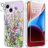 bicol for iPhone 14 Case with Screen and Camera Lens Protector - Fashionable Flower Floral Designs for Women Girls - Shockproof Acrylic Clear Phone Cover 6.1"- Blooming Flowers