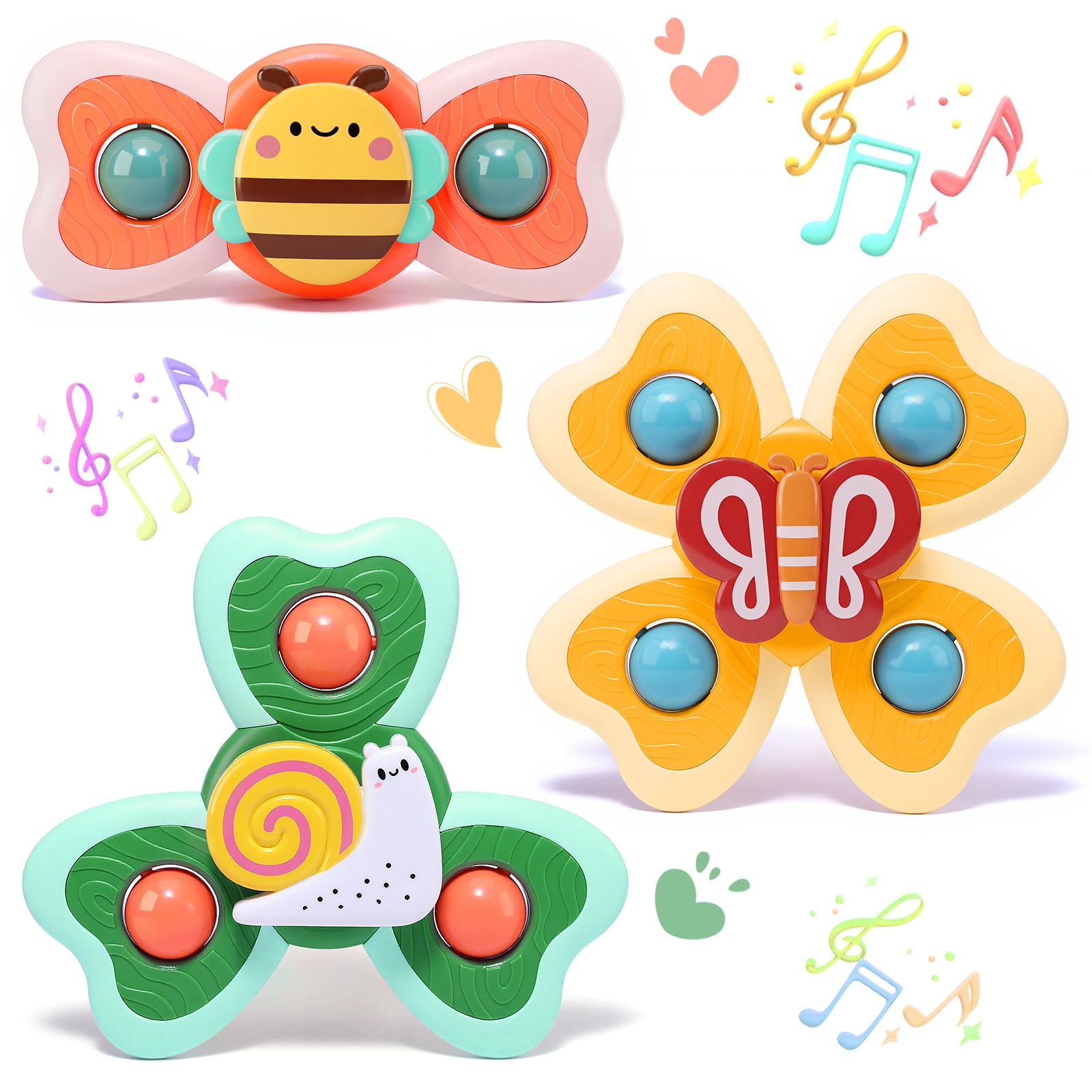 QHSXMQ Suction Spinner Toys, 3 Pcs High Chair Toys with Suction Cups, Spinning Toys 1-3, Bee, Butterfly, Snail Suction Spinner Toys, Birthday Gifts for Infants Boy Girl
