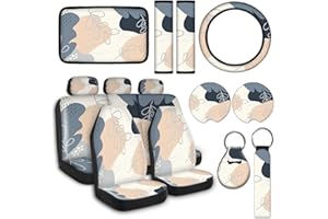 JINGSEN 15 PCE Abstraction Leaf Printing Car Steering Wheel Cover Center Console Armrest Cushion Headrest Seat Belt Cover Handbrake Cover Key Chain Coaster Complete Sedan SUV