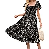 Summer Casual Floral Dresses for Women Beach Vacation Midi Sundresses Short Sleeve Square Neck Boho Flowy Smocked Dress
