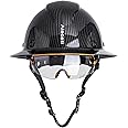 Alacati, Carbon Fiber Hard Hat Full Brim with Goggles- Safety Helmet with 6-Point Adjustable Ratchet Suspension- ANSI Z89.1 Compliant