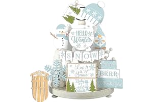 FairySandy 15 Pcs Winter Tiered Tray Decor Snowman and Snowflakes Wooden Signs Farmhouse Winter Tiered Tray Decorations Set Wood Table Decor for Holiday Home Kitchen