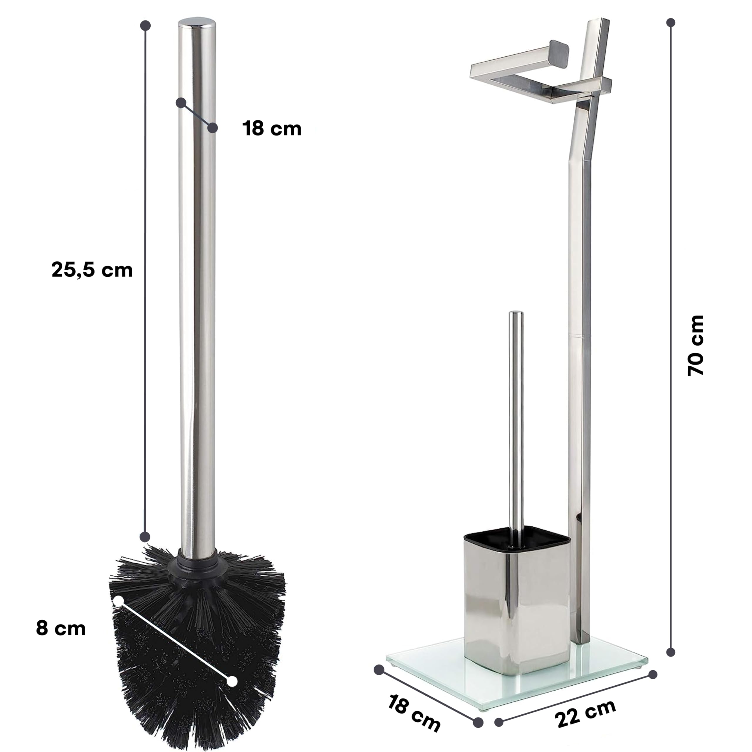 WC-Garnitur - 22 x 18 x 70 cm - Inklusive Klopapierhalter und Toilettenbürste - verchromter Edelstahl - schicker Standfuß aus Glas mit Klobürste - GRATIS: 2 Schwarze Klobürstenköpfe zum Austauschen 6
