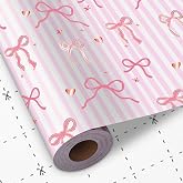 woric Pink Bow Wrapping Paper Roll -Mini Roll- 17 Inch x 33 Feet | Pink Striped Gift Wrapping Paper with Rose Gold Foil for Girls Birthday Baby Shower Girl Wedding Bridal Shower