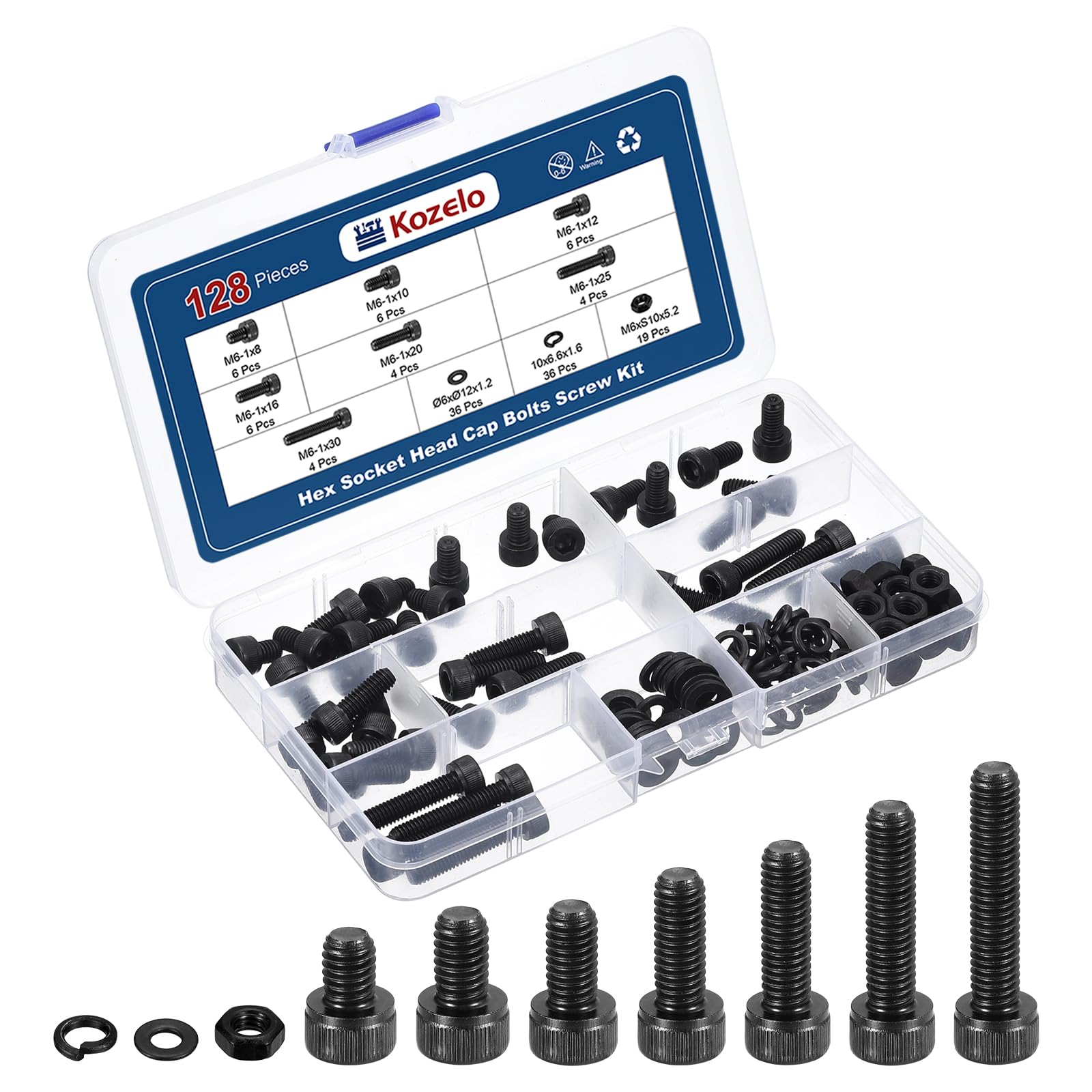 Kozelo 128pcs M6 Socket Head Cap Screws Bolts Nuts Assortment Kit - [M6x8/10/12/16/20/25/30mm] Alloy Steel Fully Threaded Black Oxide 12.9 Internal Hex Screw for 3D Printer Use