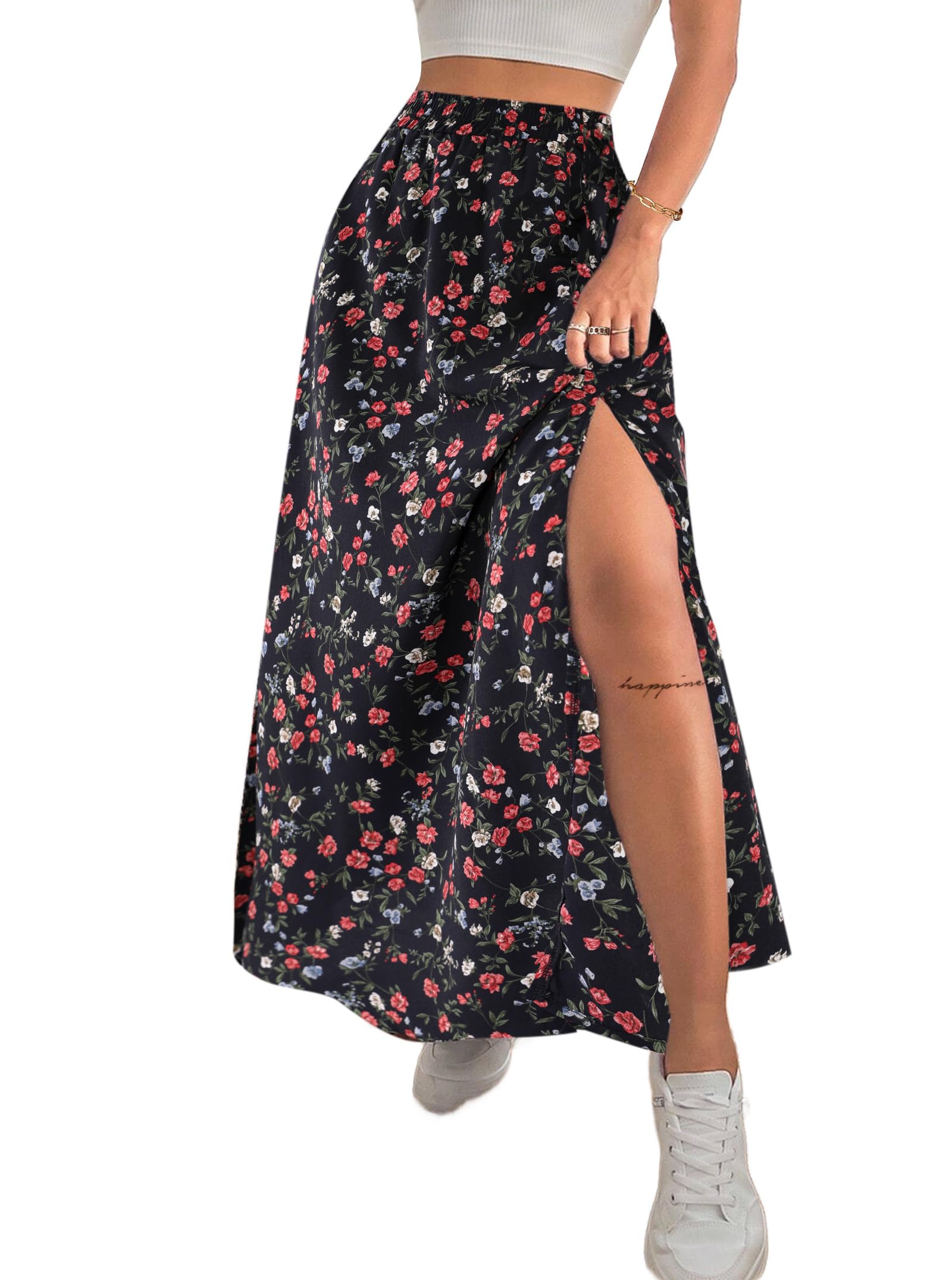 Photo 1 of Avanova Women Boho Floral Slit Maxi Skirt Split Thigh High Waisted Long Sexy Skirt Floral Red Large