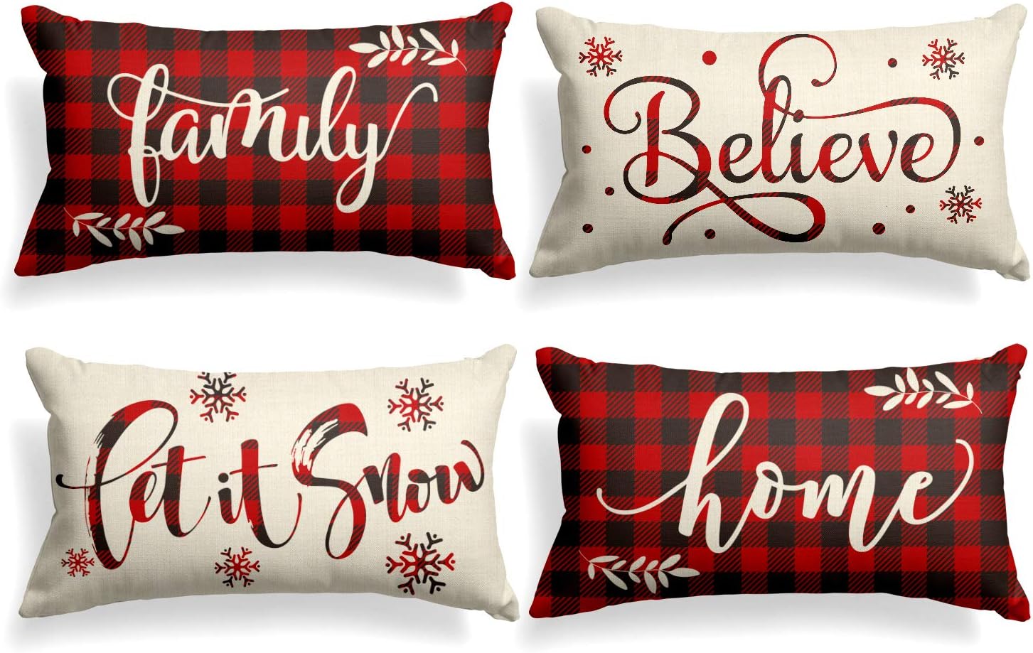 AVOIN Christmas Saying Buffalo Plaid Throw Pillow Cover, 12 x 20 Inch Winter Holiday Farmhouse Cushion Case for Sofa Couch Set of 4