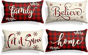 AVOIN Christmas Saying Buffalo Plaid Throw Pillow Cover, 12 x 20 Inch Winter Holiday Farmhouse Cushion Case for Sofa Couch Set of 4