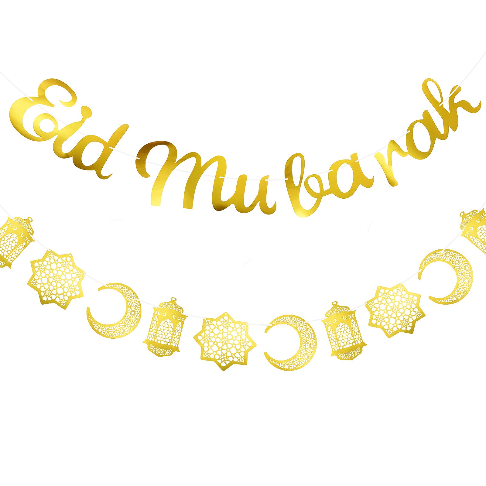 Set of 2 Eid Mubarak Banner, Gold Glitter Eid Banner and Moon Stars Lantern Banner Hanging Garland Eid Mubarak Decoration for Party Supplies