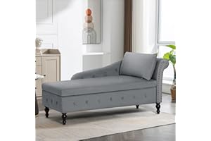 ACMEASE Upholstered Chaise Lounge with Right Armrest & Lumbar Pillow,Button Tufted Lounge Sofa with Storage,Lounge Chair Indoor,Modern Velvet Lounge Chair for Bedroom, Living Room and Office,Grey