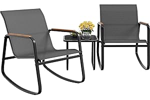 YITAHOME 3 Piece Rocking Bistro Set, Outdoor Patio Furniture Set with Wooden Armrests, Porch Chairs Set with Glass Table for Lawn, Garden, Balcony, Poolside, Dark Gray