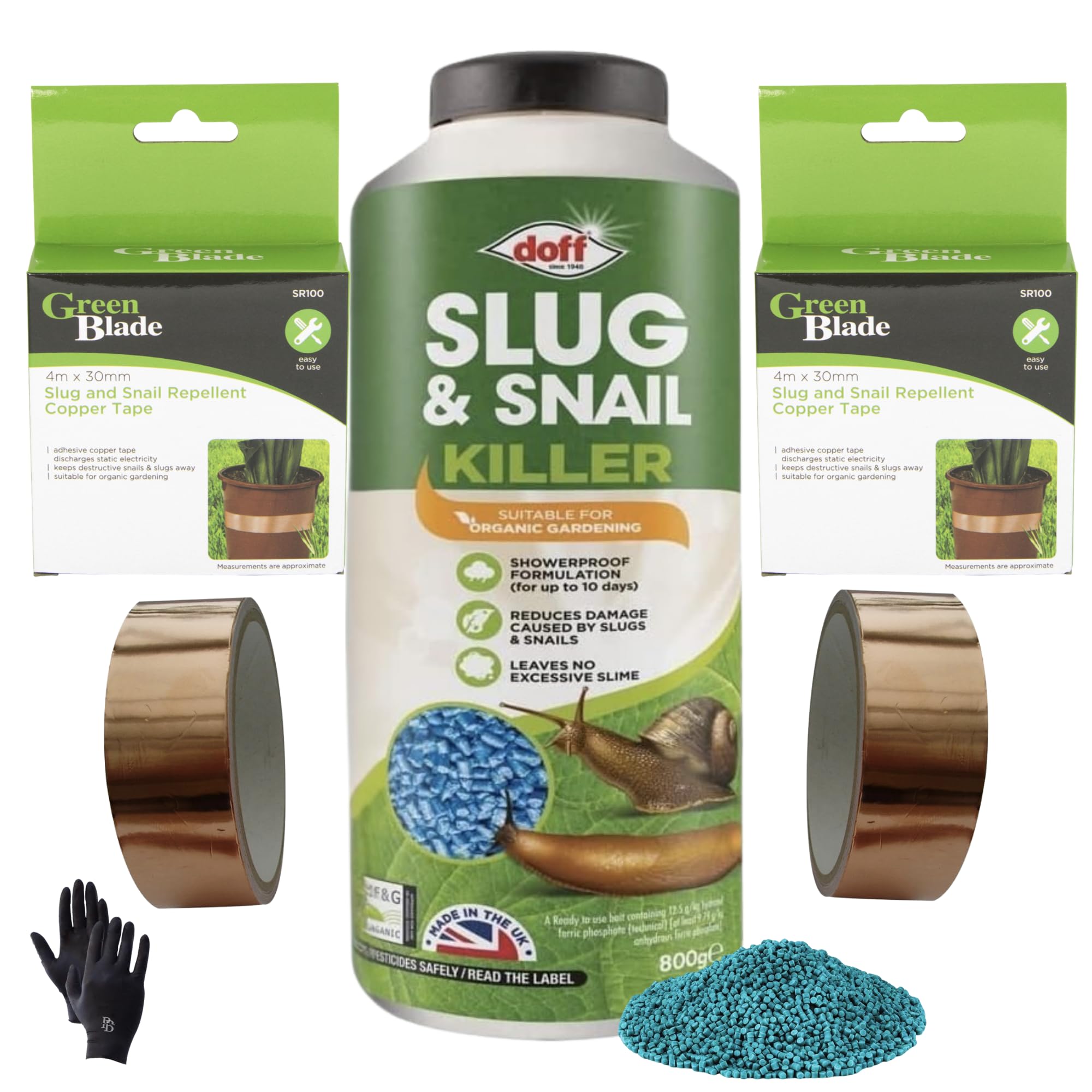 Slug Pellets & Copper Tape Slug Control Kit – 800g Ferric Phosphate Slug Killer, Pet Friendly Organic Snail Repellent with 2 Copper Slug Tape Barriers